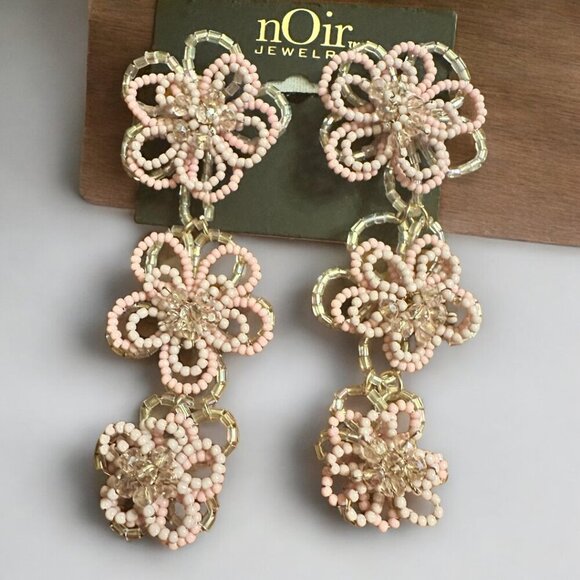 nOir Beaded Flower Drop Statement Earrings - NWT - Picture 1 of 7